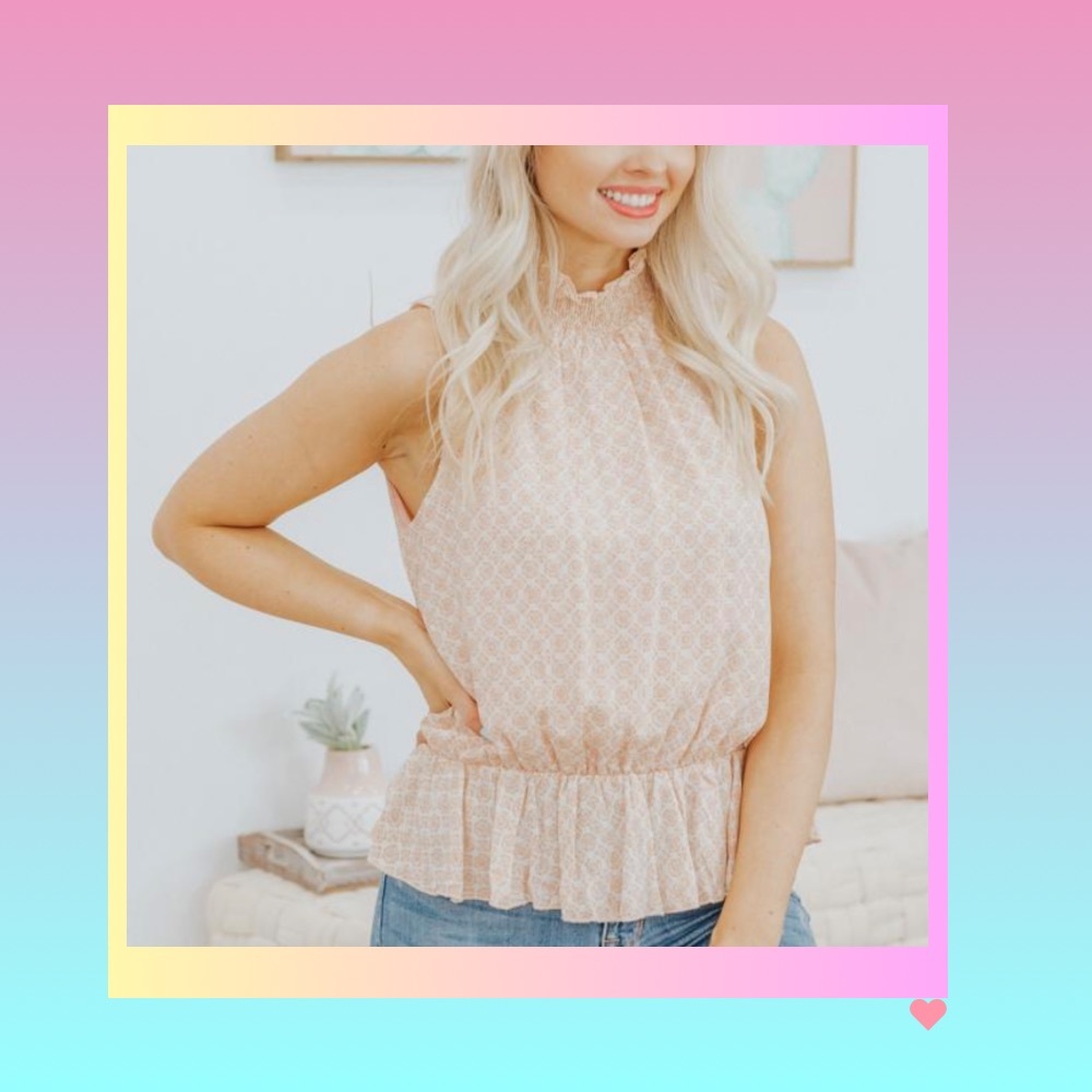 Floral Print Cinched Waist Smocked Neck Sleeveless Top in Peach